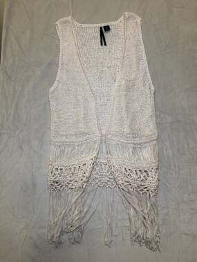 Cream Crochet Fringe Boho Knit Vest Sleeveless Cardigan Medium